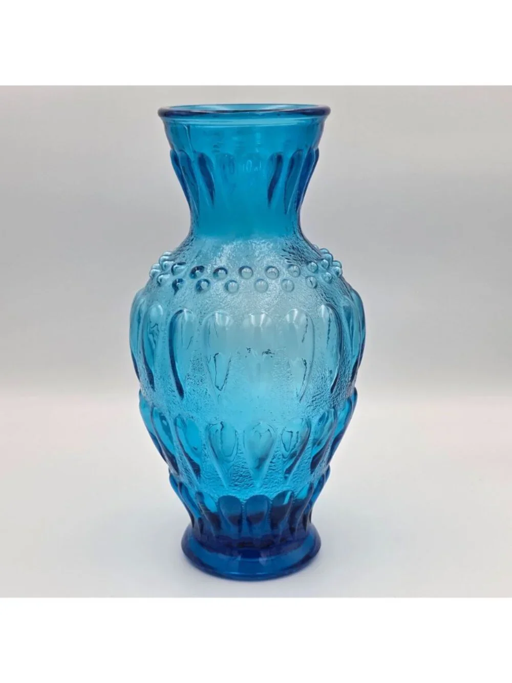 VTG Blue Glass Vase Embossed Teardrops & Bubble Design Decorative Accent 10.75